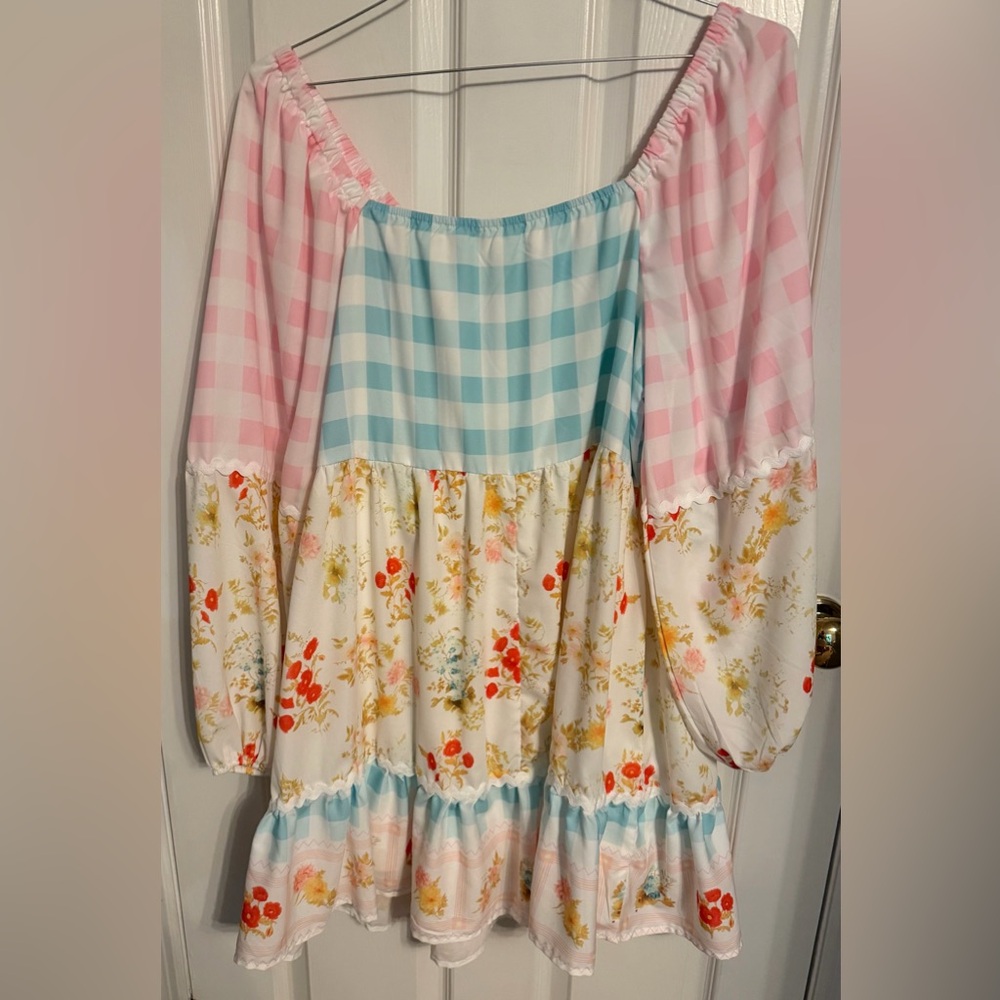 Pink Ric Rac Plaid Floral Print Patchwork Bubble Sleeve Dress, Large, Boutique - Picture 4 of 9